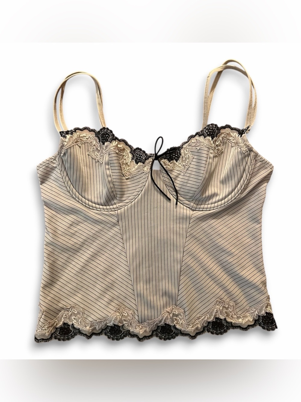 VTG Y2K Sophie B Corset Bustier Pinstripe Cream Black Lace